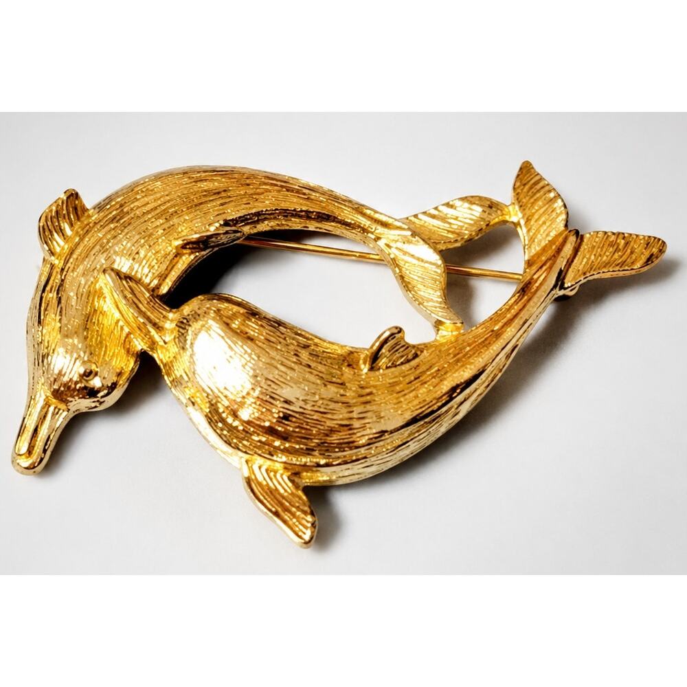Vintage Dolphin Brooch Pin Gold Tone Double Porpoise Sea Animal Large 2.25" ab19